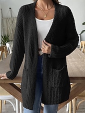billige Cardigans og yttertøy-Dame Genser Kofte Mote Gatemote Daglig Helfarge Riflet Åpen Forside Lomme Strikket Langermet Lange topper Strikke Ferie Ut på byen Helg Svart Hvit Høst Vinter