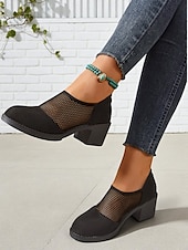billige Block Heels-Svarte damesko med mesh-hæl – pustende pumps i vintage-stil for kontor, hagefester og smart, avslappet antrekk