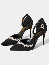 levne Klasické lodičky-Dámské černé saténové jehlové podpatky se špičatou špičkou, křišťálovými ozdobami a páskem na kotníku - elegantní společenské boty na koktejlové a večerní akce