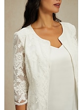 Недорогие Пиджаки и костюмы-Женский кружевной жакет-блейзер из сетки, элегантный, с рукавами длиной 3/4, круглым вырезом, обычные топы для свадьбы, гостей, работы, повседневной носки, кружева белого цвета, весна-осень
