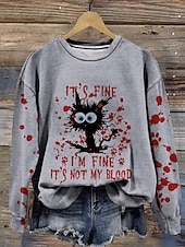 abordables Sweatshirt et Hoodie d&#039;Halloween-Sweat-shirt Halloween femme graphique de chat noir mode abstraite décontractée à manches longues col rond tops réguliers vêtements de rue impression quotidienne blanc beige gris automne hiver
