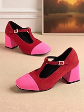 זול מארי ג'יין פאמפס-נעלי עקב מרי ג'יין בצבע אדום וורוד לנשים עם רצועת T - נעלי הליכה נוחות בסגנון צרפתי לתה של אחר הצהריים, מסיבות, משרד ותלבושות יומיומיות