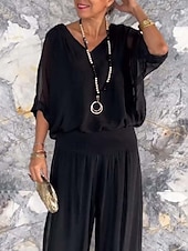 abordables Trajes de blusa para mujer-Mujer Activo Moda Blusa Conjuntos de pantalones Media Manga Escote en Pico Color sólido muslo partido Espalda al Aire Festivos Noche Negro Blanco Verde Claro Otoño Ajuste regular