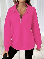 baratos Tops Simples-Mulheres Moletom Tecido Casual Manga Longa Gola Alta Tops regulares Rua Dia a Dia Patchwork Zíper Preto Fúcsia Cinzento Escuro Bege Cinzento Outono Inverno