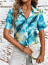 abordables Hauts d&#039;Art et de Design pour Femmes-Femmes Chemise Graphique 3D ancien Tropical Quotidien Manche Courte Col de chemise Hauts Réguliers Quotidien Bleu Vert Été Printemps