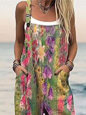 preiswerte Urlaubsoverall-Damen Normal Overall Streetwear Blumen Kurzarm Weites Bein U-Ausschnitt Tasche Druck Straße Täglich Normale Passform Grün Sommer
