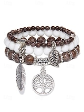 economico Bracciale da donna-Set di bracciali da donna in stile boho con perline turchesi, con ciondolo a forma di albero della vita e piuma, elastico, perline in pietra naturale, adatti per abbigliamento casual, feste e regali.