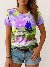 billige Kunst &amp; Design t-skjorte-Dame T skjorte Nyanse Grafisk Årgang Stilfull Klassisk Kortermet Crew-hals Vanlige topper Daglig Helg Trykt mønster Gul Blå Lilla Sommer Vår