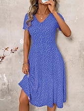 abordables Robes fleuries-Femmes Robe Midi Robe T-Shirt Robe d&#039;Été Robe trapèze Vacances Occasionnel Chaussures de plage Sortir Plage Coupe régulière Fleuri Graphique À pois Manche Courte Col en V Bleu Ciel Fuchsia Bleu de