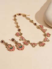 economico Collana da donna-Set di gioielli vintage da donna con cristalli floreali: elegante collana in oro e orecchini pendenti con pietre preziose rosa e verdi, accessori romantici per balli serali e cocktail party