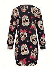 cheap Halloween Dress-Halloween Women&#039;s Mini Dress Shift Dress Casual Holiday Going out Regular Fit Graphic Skull Long Sleeve Crew Neck Black Spring Fall Winter