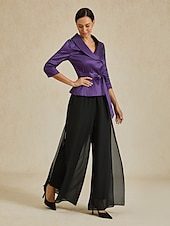 billige Dressy topper-Dame Bluse Kveldstopper Helfarge عادي Elegant metallic Stilfull 3/4 ermer V-hals Vanlige topper Bryllupsgjest Aftenselskap Semi-formelt knyte foran Aubergine Vår, Høst, Vinter, Sommer