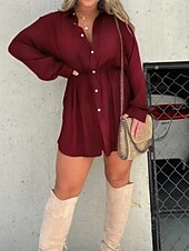 economico Top Semplici da Donna-Per donna Camicia Blusa Semplice Moderno Casual Manica Lunga Colletto a Camicia Top Regolari Quotidiano Uscire Arricciato Bottoni Verde primavera Nero Verde chiaro Vino Marrone Autunno
