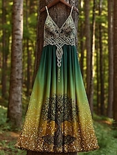 economico Abiti Boho-Per donna Abito maxi Vestito Estivo Abito a trapezio Abito Sottoveste Vacanza Casual Uscire Spiaggia Vestibilità regolare Grafico Tribale Etnico Senza Maniche Scollo a V Spalline sottili Nero Verde