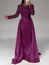 economico Champagne-Abito da sera sirena in paillettes abito in satin champagne arricciato maniche lunghe masquerade lunghezza fino al pavimento scollo illusion con perle gonna sovrapposta
