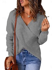 preiswerte Einfarbige Farben-Damen Pullover Lässig Weich Einfarbig Gerippt V Ausschnitt Kreuz und quer Gestrickt Langarm Normale Oberteile Stricken Outdoor Täglich Wochenende Rosa Grau Herbst Winter