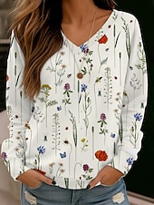 preiswerte Boho Tops-Damen Bluse Blumen Stilvoll Modern Langarm V Ausschnitt Normale Oberteile Täglich Ferien Druck Weiß Rote Blau Braun Sommer Frühling Herbst