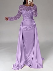 economico Champagne-Abito da sera sirena in paillettes abito in satin champagne arricciato maniche lunghe masquerade lunghezza fino al pavimento scollo illusion con perle gonna sovrapposta