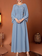 billige Gulvlengde-A-Line Mor til Bruden Kjole Elegant V Utringning Gulvlengde Chiffon Lang Erme med Belte  Bånd Krystaller