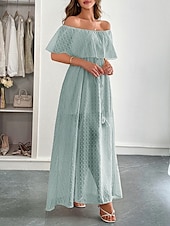 abordables Robes fleuries élégantes-Femmes Robe Longue Maxi Robe Robe Décontractée Robe d&#039;été Mode Moderne Quotidien Plage Week-end Coupe régulière Uni Manche Courte Épaules Dénudées Vert Été Printemps
