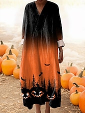 preiswerte Halloweenkleid-Halloween Damen Midi Kleid V-Ausschnitt Lange Ärmel Kaftan Leicht Lockerer Schnitt A-Linien Kleid Lässig Ausgehen Grafisch Lange Ärmel V-Ausschnitt Gelb Orange Grün Regenbogen Herbst