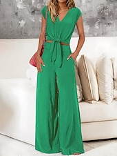 Mulheres Moda Roupa de rua Diário Conjuntos de calças Manga Curta Decote V Côr Sólida Cordões Casual Diário Preto Azul Marinho Escuro Azul Marinha Verão Normal baratos Blusas femininas-Mulheres Moda Roupa de rua Diário Conjuntos de calças Manga Curta Decote V Côr Sólida Cordões Casual Diário Preto Azul Marinho Escuro Azul Marinha Verão Normal