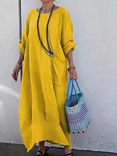 abordables concevoir des robes en coton et lin-Femmes Robe Longue Maxi Robe Robe Décontractée Mode Moderne Extérieur Vacances Fête Coupe régulière Uni manche longue Col ras du cou Blanche Jaune Rose Claire bleu marine Automne
