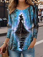 ieftine Topuri de Halloween-Halloween Pentru femei Tricou Grafic Vrăjitoare Epocă Stilat Casual Manșon Lung Stil Nautic Rotund Topuri obișnuite Zilnic Imprimeu Albastru piscină Mov Portocaliu Trifoi Vară Primăvară Toamnă