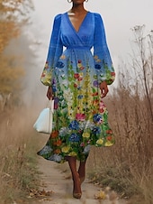 abordables Robe Fleurie-Femmes Robe Midi Robe Décontractée Mousseline de Soie Robe évasée Moderne Vacances Quotidien Week-end Coupe régulière Fleuri manche longue Col en V Bleu Roi Bleu Vert Bleu de minuit Été Printemps