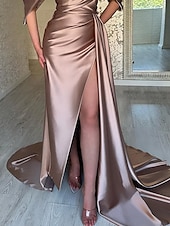 cheap PINK-Mermaid / Trumpet Evening Gown Elegant Dress Formal Wedding Court Train Flowy Dress Sleeveless Sweetheart Satin with Pleats Ruched Slit 2025