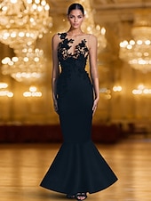 economico Abiti da Sera Sirena-Abito da sera elegante a sirena/tromba con cravatta nera, abito formale da sposa, lungo fino al pavimento, manica lunga, scollo a V, in crêpe elasticizzato con applicazioni, 2025