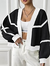 preiswerte Strickjacken und Oberbekleidung-Damen Strickjacke Mode Farbblock Gerippt Kapuze Patchwork Gestrickt Langarm Normale Oberteile Stricken Ferien Ausgehen Wochenende Schwarz Rosa Herbst