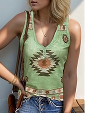 Femmes Débardeur caraco Graphique Géométrique Abstrait Bohème ancien Élégant Sans manches Col en V Hauts Réguliers Quotidien Imprimé Rouge Marron clair Vert Été Printemps abordables Débardeur Boho-Femmes Débardeur caraco Graphique Géométrique Abstrait Bohème ancien Élégant Sans manches Col en V Hauts Réguliers Quotidien Imprimé Rouge Marron clair Vert Été Printemps