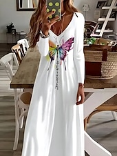 economico Abito Floreale-Per donna Abito lungo maxi Abito Bianco Vestito Casual Abito a trapezio Elegante Casual Ferie Vestibilità comoda Grafico Farfalla Manica Lunga Scollo a V Bianco Primavera Autunno Inverno