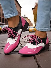 abordables Années 1950-Richelieus Oxford en cuir verni jaune pour femme – Chaussures habillées à lacets et bout golf colorblock, style vintage britannique des années 1950 pour le bureau, l&#039;école et le streetwear