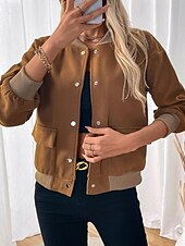 billiga Trenchcoats-Dam Vardaglig jacka Varsity jacka Bekväm Andningsfunktion Ficka Knappar Mode Modern Ledigt Färgblock Utekväll Helgen Enkelknäppt Normal Hög krage Normal Långärmad Ytterkläder Brun Höst Vinter
