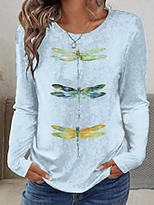 abordables T-shirt Animaux-Pâques Femmes T-shirt Graphique Animal Libellule ancien Élégant Classique manche longue Col ras du cou Col rond Hauts Réguliers Quotidien Imprimé Vert Claire Rose Claire Bleu Ciel Été Printemps