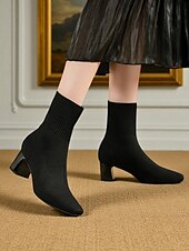 preiswerte Stiefeletten-Marineblaue Strick-Sockenstiefel für Damen – spitze Stretch-Stiefeletten mit Blockabsatz für elegante Alltags- und Herbstoutfits