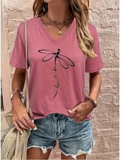 billige Dyrene tee-Dame T skjorte Grafisk Dyr Dragonfly Årgang Stilfull Klassisk Kortermet V-hals Vanlige topper Daglig Ut på byen Helg Trykt mønster Svart Rosa Rød Blå Grå Sommer Vår
