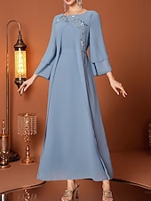 billige Gulvlengde-A-Line Mor til Bruden Kjole Elegant V Utringning Gulvlengde Chiffon Lang Erme med Belte  Bånd Krystaller