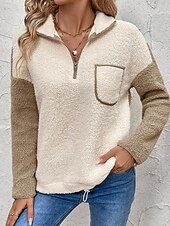 ieftine Hanorace pufoase-Pentru femei Hanorace Hanorace cu fermoar Bloc Culoare Șic Stradă Casual Sherpa Fleece Manșon Lung Gât Înalt Topuri obișnuite Stradă Concediu Ieșire Quarter Zip Kaki Iarnă