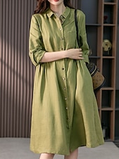ieftine proiectează rochii din bumbac și in-Pentru femei Rochii Midi Rochie A line Rochie de vară Casual Zilnic Fit regulat Simplu Lungime Manșon 3/4 Rever Roz Îmbujorat Trifoi Vară Primăvară Toamnă