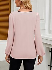 billige Kvinne Striper &amp; Geometriske Topper-Dame Skjorte Helfarge Stilfull Fritid Langermet V-hals Vanlige topper Daglig Lapper Rosa Rød Blå Aprikos Vår Høst