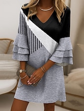 preiswerte Streifen- und geometrische Kleider-Damen Minikleid Sommerkleid A Linie Kleid Stilvoll Lässig Party Normale Passform Grafik Geometrisch Abstrakt Dreiviertelarm V Ausschnitt Blau Purpur Grün Khaki Sommer Frühling