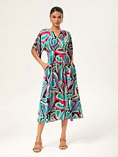 abordables Robes décontractées-robe longue cintrée à manches chauve-souris abstraites et colorées