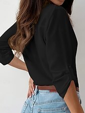 preiswerte Damen Einfache Oberteile-Damen Hemd Einfarbig Stilvoll Lässig Langarm Hemdkragen Normale Oberteile Täglich Knöpfe Schwarz Himmelblau Fuchsie Braun Khaki Sommer Frühling Herbst