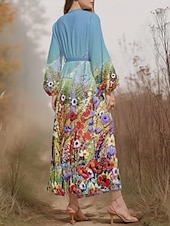 abordables Robe Fleurie-Femmes Robe Midi Robe Décontractée Mousseline de Soie Robe évasée Moderne Vacances Quotidien Week-end Coupe régulière Fleuri manche longue Col en V Blanche Bleu Bleu clair Été Printemps Automne
