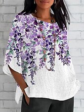 economico Maglietta Arte &amp; Design-Per donna Maglietta Ombre Floreale Grafico Vintage Classico Casual Manica 3/4 Girocollo Top Regolari Quotidiano Weekend Abbigliamento mare Stampato Viola Estate Primavera Autunno