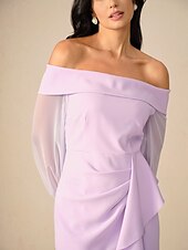 preiswerte Bodenlänge-Schlauchkleid Brautmutterkleid Elegant Hoher Schlitz Schulterfrei Asymmetrisch Chiffon Langarm mit Gerafft 2025