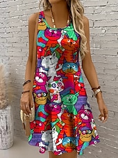 abordables Animales Vestidos-Mujer Mini vestido Vestido de verano Vestido de una línea Vestido con hombros descubiertos Vacaciones Casual Festivos Playa Ajuste regular Graphic Gato Sin Mangas Cuello Barco Amarillo Rojo Azul